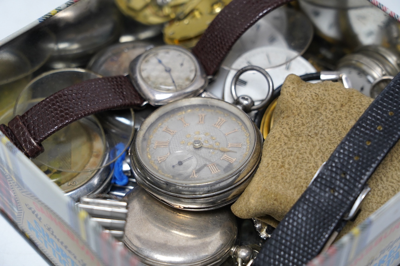 A late Victorian silver open face pocket watch and a quantity of other assorted wrist and pocket watches. Condition - poor to fair